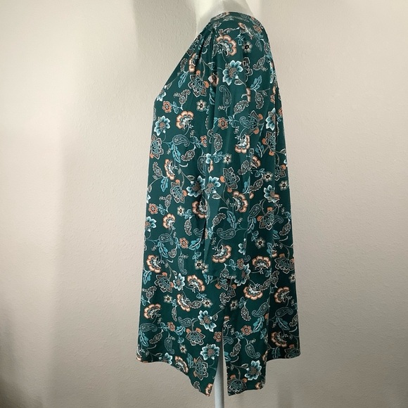 J JILL Wearever Jersey Knit Tunic Dark Green Floral Top 3/4 Sleeve Travel Work L - Picture 8 of 16